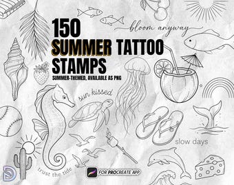 150 Sommer Tattoo Stamps für Procreate Beach Ocean Tropischer Urlaub PNG Tattoo Brush Set