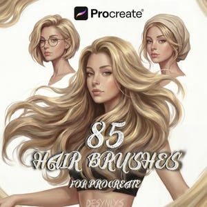 May include: Digital artwork showcasing three portraits of women with blonde hair. The central figure has long, flowing hair, with the text "85 Hair Brushes for Procreate" overlaid. The Procreate logo is in the top right corner. The theme is digital art tools.
