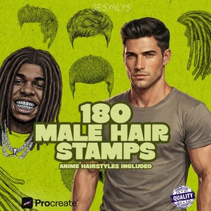 Procreate Male Hair Stamps – 180 realistiska animefrisyrer för manliga karaktärer)