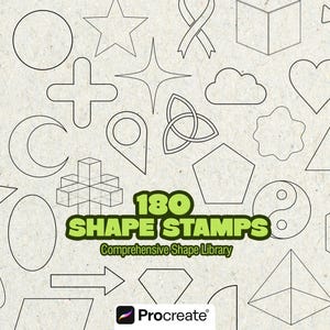 May include: An assortment of 180 shape stamps, featuring diverse geometric outlines such as circles, stars, and arrows. The text "180 SHAPE STAMPS" is in a green banner, with "Comprehensive Shape Library" underneath. The Procreate logo is at the bottom.