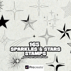 Peut inclure: Une collection de 165 tampons d'étincelles et d'étoiles de différents styles, avec le texte "SPARKLES & STARS STAMPS" et "Procreate" sur un fond clair. Les motifs comprennent des étoiles, des éclats et des éléments décoratifs.