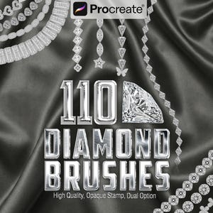 May include: Digital graphic featuring the text "110 DIAMOND BRUSHES" in silver, set against a dark grey satin backdrop. The image includes diamond-shaped brushes and jewellery designs, with the Procreate logo in the top right.