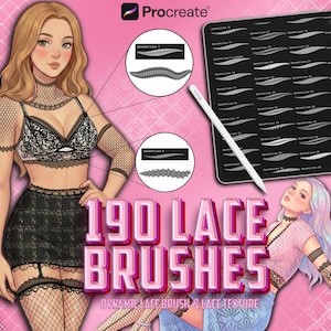 May include: Digital art illustration featuring a woman and a tablet displaying 190 lace brushes for Procreate. The image includes examples of lace patterns and the text "190 LACE BRUSHES". A stylus is also present.