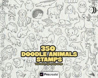 Pacote com 350 Carimbos de Desenhos de Animais para Procreate: Pincéis de Desenho Animado da Vida Selvagem para Esboços Criativos