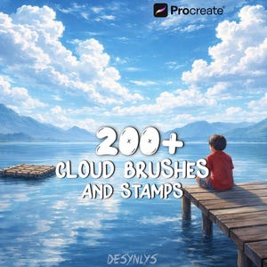 Puede incluir: Arte digital que promociona los pinceles y sellos de nubes de Procreate. La imagen presenta una escena de lago serena con un niño en un muelle de madera, montañas y un cielo azul brillante con nubes blancas. El texto dice "200+ Cloud Brushes and Stamps."