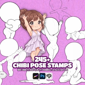 May include: A digital collection of 245+ chibi pose stamps featuring a central coloured character in a light purple dress surrounded by various black and white line art character outlines in different poses on a textured purple background.