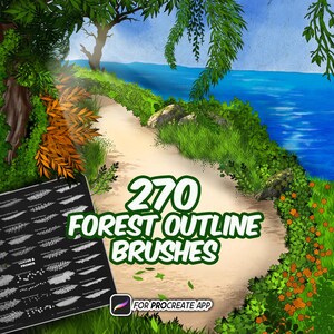 May include: A digital illustration of a forest path next to a blue body of water, featuring a black reference sheet displaying 270 forest outline brushes for the Procreate app, with white text reading 270 FOREST OUTLINE BRUSHES FOR PROCREATE APP.
