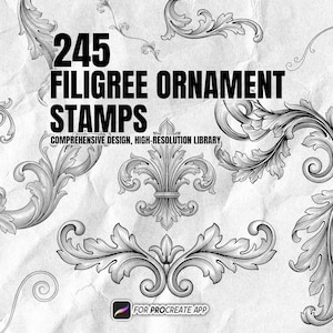 Peut inclure: Une collection numérique de 245 tampons d'ornements en filigrane avec des illustrations au trait noir et blanc de volutes, de feuilles et d'une fleur de lys. Le texte indique 245 FILIGREE ORNAMENT STAMPS COMPREHENSIVE DESIGN, HIGH-RESOLUTION LIBRARY, FOR PROCREATE APP.