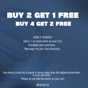 Pode incluir: Um gr&aacute;fico azul marinho com texto branco promovendo uma oferta "Compre 2 e leve 1 gr&aacute;tis" e "Compre 4 e leve 2 gr&aacute;tis". S&atilde;o fornecidas instru&ccedil;&otilde;es, incluindo adicionar itens ao carrinho e enviar mensagens ao vendedor. A marca "DESYNLYS" est&aacute; na parte inferior.