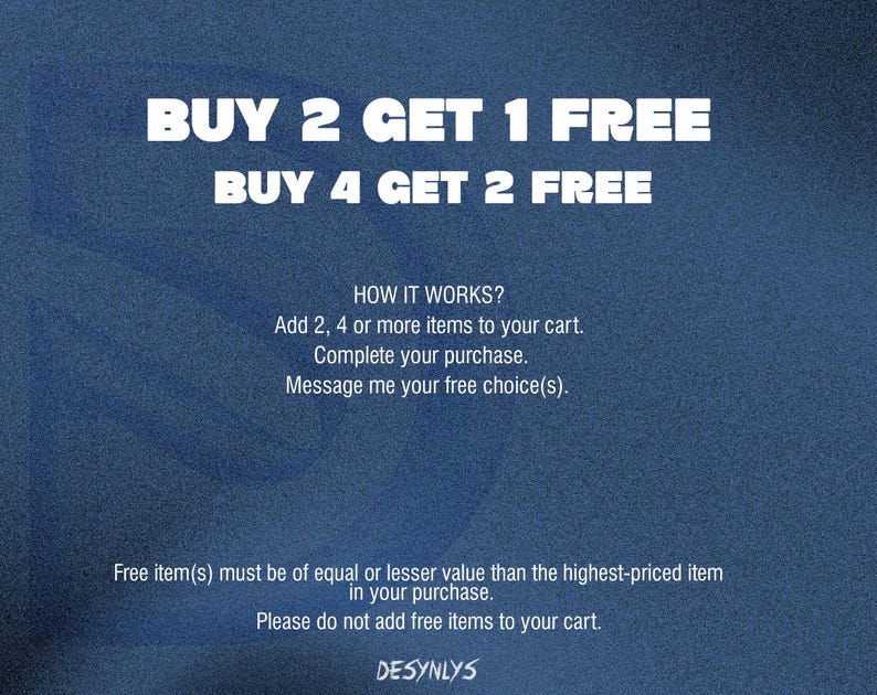 Pode incluir: Um gr&aacute;fico azul marinho com texto branco promovendo uma oferta "Compre 2 e leve 1 gr&aacute;tis" e "Compre 4 e leve 2 gr&aacute;tis". S&atilde;o fornecidas instru&ccedil;&otilde;es, incluindo adicionar itens ao carrinho e enviar mensagens ao vendedor. A marca "DESYNLYS" est&aacute; na parte inferior.