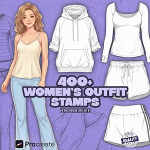 Peut inclure: Illustration numérique d'une femme et de vêtements. L'image comprend un haut rayé, un jean, un caraco, un sweat à capuche, un haut à manches longues, un short et une jupe. Le texte indique "400+ WOMEN'S OUTFIT STAMPS FOR PROCREATE."