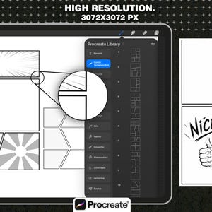 May include: A digital comic book template set for Procreate displayed on a tablet screen. The interface shows a library of various panel layouts, including action lines and a circular zoom-in effect. A panel with the text NICE! is visible.