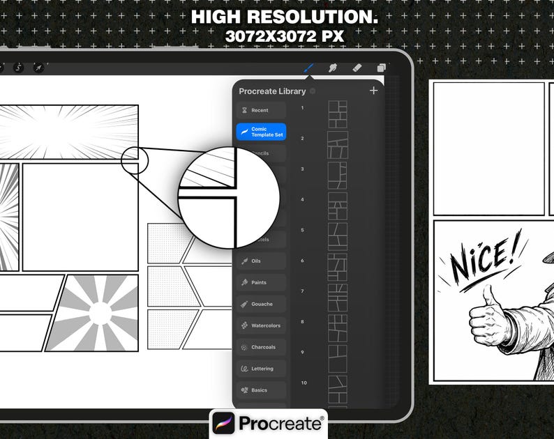 May include: A digital comic book template set for Procreate displayed on a tablet screen. The interface shows a library of various panel layouts, including action lines and a circular zoom-in effect. A panel with the text NICE! is visible.