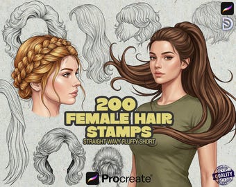 200 Weibliche Haarstempel für Procreate | Gerader welliger flauschiger kurzer Frisuren Pinsel-Satz