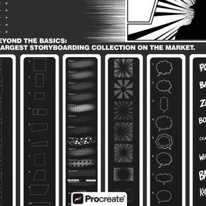 May include: A digital asset collection for Procreate featuring storyboard layouts, geometric shapes, halftone patterns, action lines, speech bubbles, and comic book sound effects like POW, BAM, ZAP, BOOM, CRASH, WHAM, BANG, and KAPOW on a dark background.