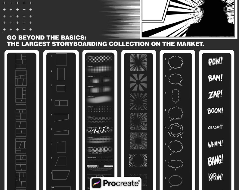 May include: A digital asset collection for Procreate featuring storyboard layouts, geometric shapes, halftone patterns, action lines, speech bubbles, and comic book sound effects like POW, BAM, ZAP, BOOM, CRASH, WHAM, BANG, and KAPOW on a dark background.
