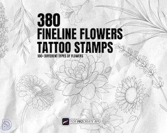Juego de sellos de flores para tatuajes de línea fina Procreate: 380 sellos florales
