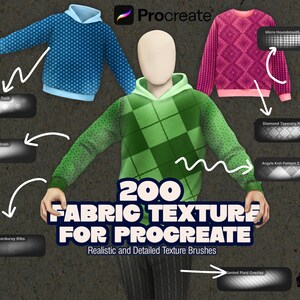Puede incluir: Ilustración que muestra 200 texturas de tela para Procreate, con ejemplos de suéteres en azul, rosa y verde. La imagen incluye el texto "200 FABRIC TEXTURE FOR PROCREATE" y "Realistic and Detailed Texture Brushes."
