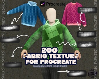 200 Procreate Stofftexturen | Nahtlose Textilbürsten | Kleidung & Mode Textur Pinsel Set
