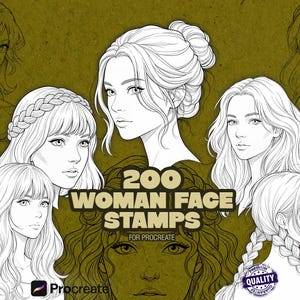 May include: Digital art product showcasing line art illustrations of women's faces with diverse hairstyles. The image includes the text "200 WOMAN FACE STAMPS FOR PROCREATE" and the Procreate logo, suggesting its use for digital art creation.