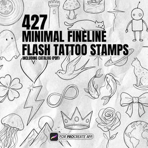 Può includere: Una collezione digitale di 427 timbri per tatuaggi flash minimalisti a linee sottili per l'app Procreate, con illustrazioni a tratto nero di un fantasma, gatto, robot, sole, uccello, pesci, corona, rosa, pianeta e vari simboli su sfondo bianco.