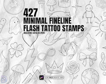 427 Minimalistycznych stempli do tatuażu Fineline do Procreate | Zestaw pędzli Flash Tattoo | Wzory Line Art