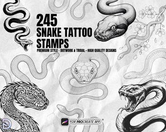 245 Schlange Tattoo Designs für Procreate | Floral, Cobra, Totenkopf & Linework Flash Pack