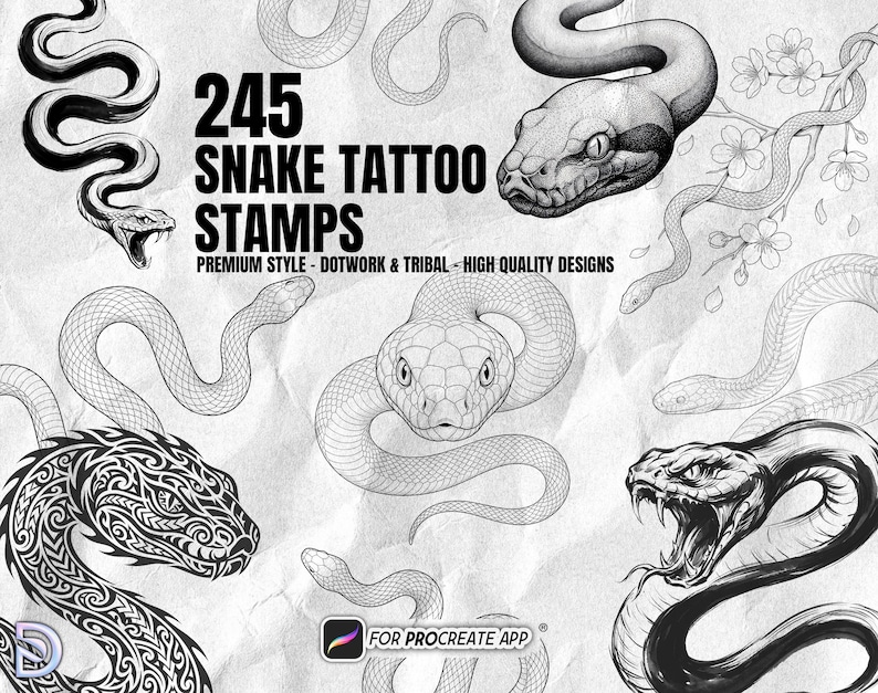 Puede incluir: Una colecci&oacute;n digital de 245 sellos de tatuajes de serpientes para la aplicaci&oacute;n Procreate, con varias ilustraciones de serpientes en blanco y negro en estilos de puntillismo y tribal, incluyendo serpientes enroscadas y flores de cerezo.