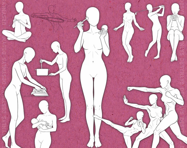 Op de afbeelding: Een verzameling witte lijntekeningen op een getextureerde magentakleurige achtergrond, met diverse houdingen zoals zitten, koken, strijken, make-up aanbrengen, een baby vasthouden, golfen en vechtsportbewegingen.