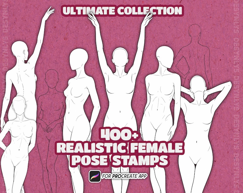 Op de afbeelding: Een digitale collectie van witte lijntekeningen van vrouwelijke figuren op een getextureerde magenta achtergrond. De tekst luidt ULTIMATE COLLECTION, 400+ REALISTIC FEMALE POSE STAMPS en FOR PROCREATE APP. De figuren tonen diverse staande houdingen.
