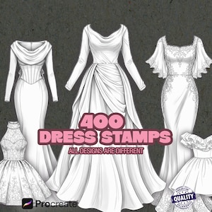 May include: Illustration of five white dress designs. The dresses vary in style, including a long-sleeved gown with a draped bodice, a sleeveless dress with a high neckline, and a short dress with a ruffled skirt. The text "400 DRESS STAMPS" is displayed.