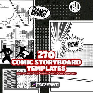 May include: A digital collection of 270 comic storyboard templates for the Procreate app, featuring black and white panel layouts, speech bubbles with text like BANG and POW, action illustrations, cityscapes, and various page compositions.