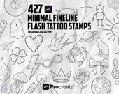 427 Minimal Fineline Tattoo Stamps for Procreate | Flash Tattoo Brush Pack | Line Art Designs