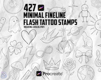 427 Carimbos de Tatuagem Minimalistas de Linha Fina para Procreate | Pacote de Pincéis Flash para Tatuagem | Desenhos de Arte Linear