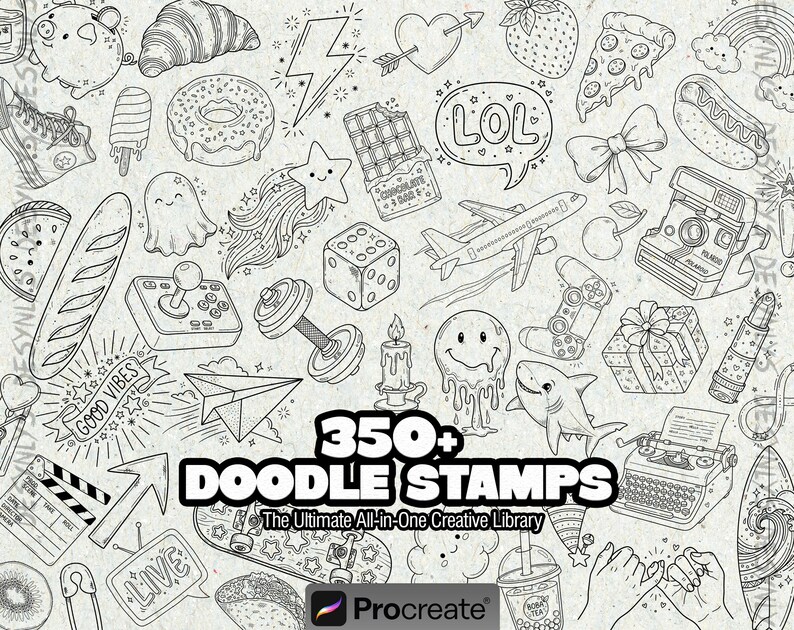 Mais de 350 carimbos de rabiscos para Procreate, desenhos aleatórios de tatuagens, estênceis digitais e pincéis para Procreate no iPad. imagem 1
