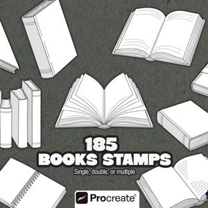 May include: A selection of 185 book stamps, featuring open and closed books, and spiral-bound notebooks. The text "185 BOOKS STAMPS" is visible, alongside the Procreate logo. The stamps are designed for digital art.