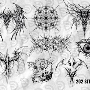 200 tatuaży z motywem cybersigilizmu dla Procreate | Pakiet znaczków Cyber Sigil | Wzory w stylu mrocznego gotyku plemiennego zdjęcie 4