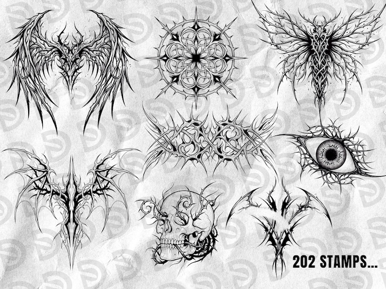 200 tatuaży z motywem cybersigilizmu dla Procreate | Pakiet znaczków Cyber Sigil | Wzory w stylu mrocznego gotyku plemiennego zdjęcie 4