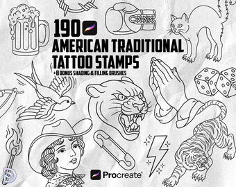190 American Traditionelle Tattoo Stempel für Procreate, Old School Tattoo Flash Linework Brush Set