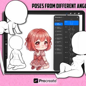 Pode incluir: Ilustra&ccedil;&atilde;o de arte digital em um tablet, apresentando um personagem chibi em um vestido rosa e v&aacute;rias poses. O tablet exibe o texto "POSES FROM DIFFERENT ANGLES" e "Desynlys 2". Uma caneta branca e o logotipo do Procreate tamb&eacute;m s&atilde;o vis&iacute;veis.