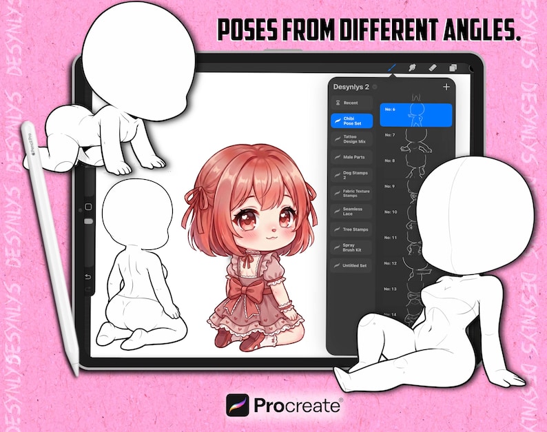Pode incluir: Ilustra&ccedil;&atilde;o de arte digital em um tablet, apresentando um personagem chibi em um vestido rosa e v&aacute;rias poses. O tablet exibe o texto "POSES FROM DIFFERENT ANGLES" e "Desynlys 2". Uma caneta branca e o logotipo do Procreate tamb&eacute;m s&atilde;o vis&iacute;veis.
