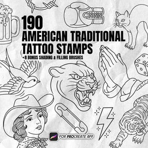 190 American Traditionelle Tattoo Stempel für Procreate, Old School Tattoo Flash Linework Brush Set