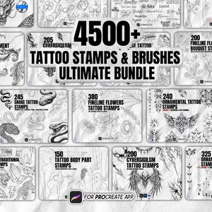 Könnte beinhalten: Eine digitale Sammlung von über 4500 Tattoo-Stempeln und Pinseln für die Procreate-App mit schwarz-weißen Linienzeichnungen, darunter Schlangen, Blumen, ornamentale Muster, Cybersigils und Vorlagen für Körperteile.