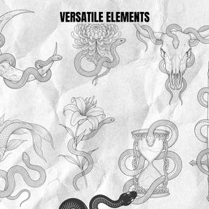 Puede incluir: Una colecci&oacute;n de ilustraciones de l&iacute;neas en blanco y negro titulada VERSATILE ELEMENTS, que muestra serpientes entrelazadas con una luna creciente, un crisantemo, un cr&aacute;neo de toro, un pez koi, un lirio, un reloj de arena y una espada.