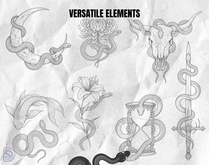 Puede incluir: Una colecci&oacute;n de ilustraciones de l&iacute;neas en blanco y negro titulada VERSATILE ELEMENTS, que muestra serpientes entrelazadas con una luna creciente, un crisantemo, un cr&aacute;neo de toro, un pez koi, un lirio, un reloj de arena y una espada.