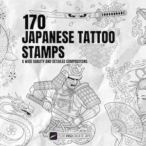 Op de afbeelding: Een collectie van 170 Japanse tattoo-stempels voor Procreate met zwart-witte lijntekeningen van een samoerai, een koikarper, een draak, een kat met een zwaard en een persoon met een waaier, met de tekst 170 JAPANESE TATTOO STAMPS.