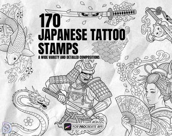 170 japanische Tattoo Stempel für Procreate, Samurai Koi Dragon Geisha Tattoo Brush Set
