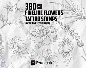 Conjunto de Carimbos de Tatuagem de Flores Fineline para Procreate – 380 Carimbos Florais