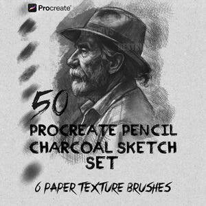 May include: Black and white digital art set for Procreate, featuring a portrait of a man in a hat. The image includes the text "50 Procreate Pencil Charcoal Sketch Set" and "6 Paper Texture Brushes".