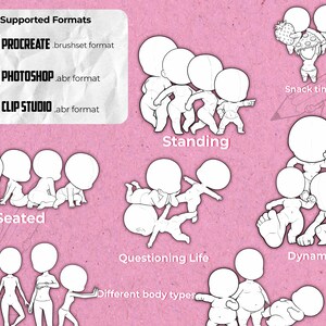 Pode incluir: Impress&atilde;o de arte digital rosa com v&aacute;rias poses de personagens chibi, incluindo posi&ccedil;&otilde;es em p&eacute;, sentadas e din&acirc;micas. A imagem tamb&eacute;m exibe texto indicando formatos suportados para Procreate, Photoshop e Clip Studio.